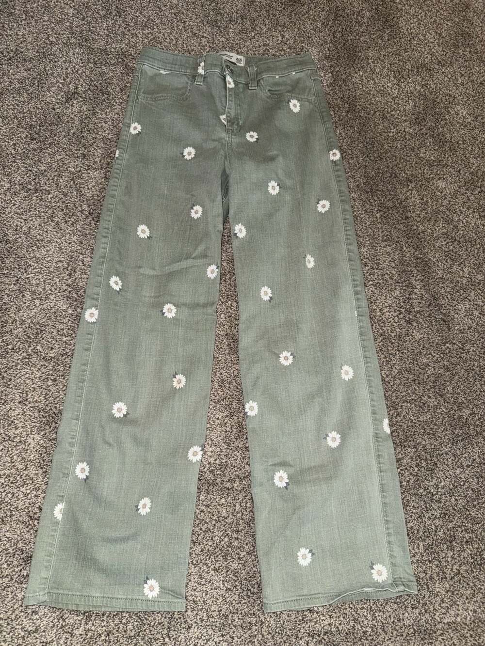 Abercrombie Kids High Rise Wide Leg Daisy Embroidered Green Jeans